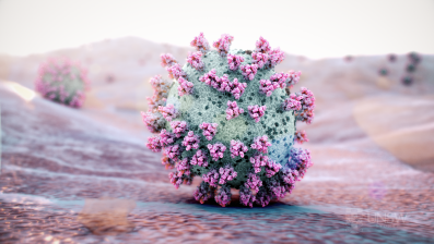 A closeup of a 3D visualisation of a coronavirus particle