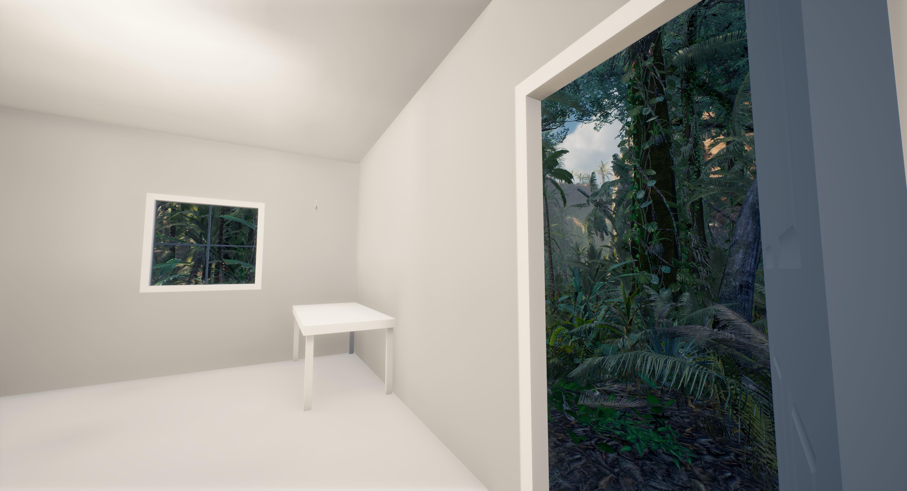 A room looking out onto a lush forest, one of the virtual landscapes in the mixed-reality experience, The Edge of the Present. Photo: Alex Davies