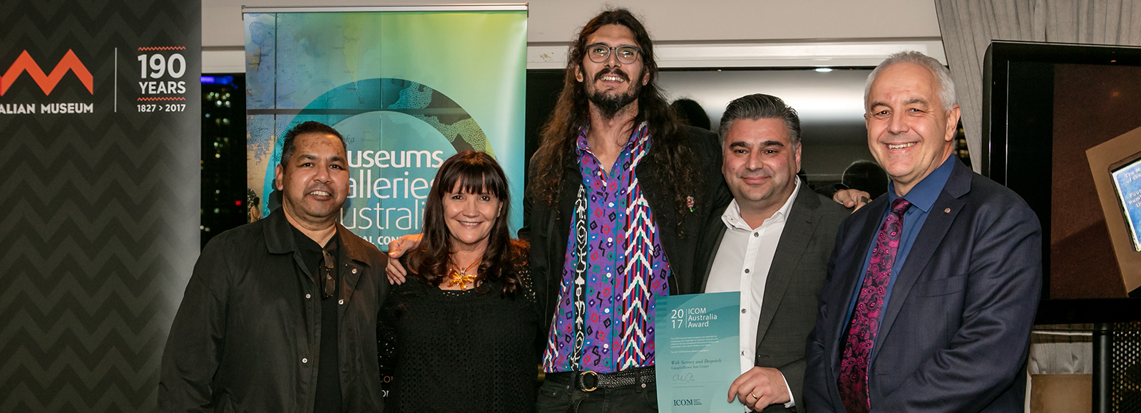 From left-right, Vernon Ah Kee (Commissioned Artist), Tess Allas (Curator), Dale Harding (Commissioned Artist), Michael Dagostino (Director of Campbelltown Arts Centre), Alec Coles (Chair of ICOM Australia). Photo: Benny Jewel