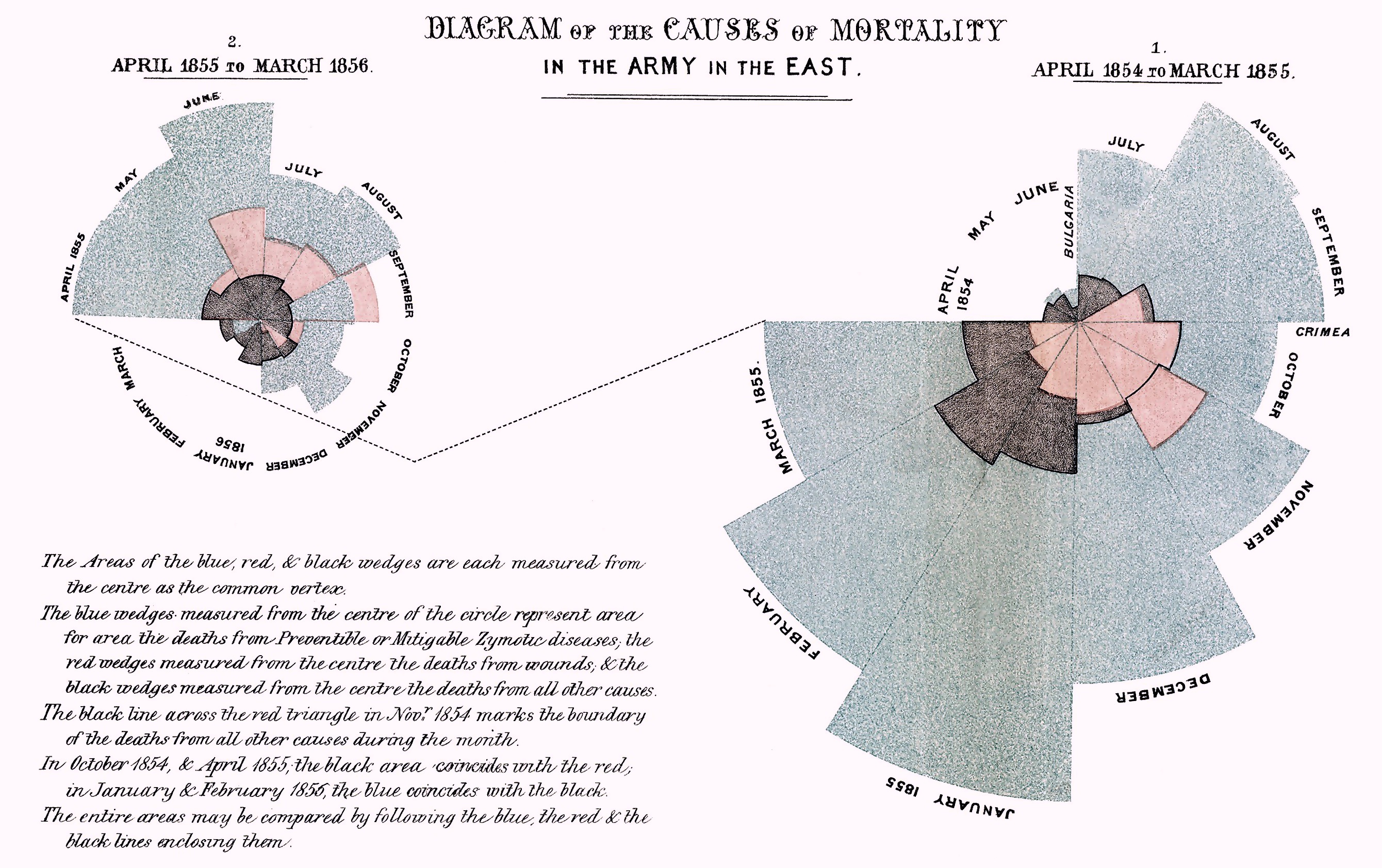 Diagram of the causes of mortality in the army in the East. Florence Nightingale,1858.