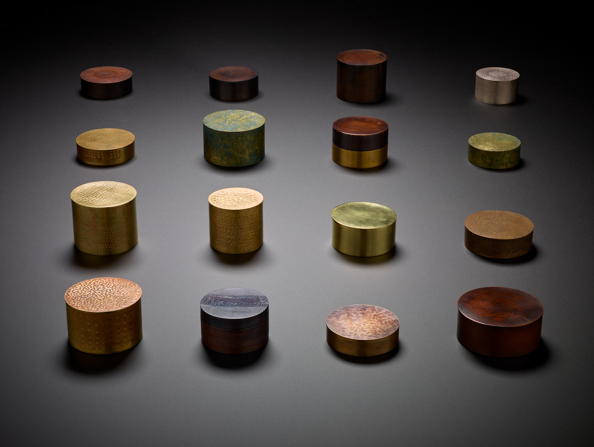 Vessels for Wayfaring (2019-2020), by Zoe Veness. Recycled brass, copper and sterling silver with various finishes. Average dimensions: 6.5 x 6.5 x 6.0 cm. Photo: Peter Whyte Photography